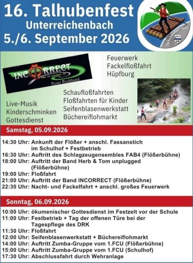 Programmflyer Talhubenfest Unterreichenbach — Ablauf Samstag und Sonntag mit Schaufahrten, Musik und Fackelfahrt